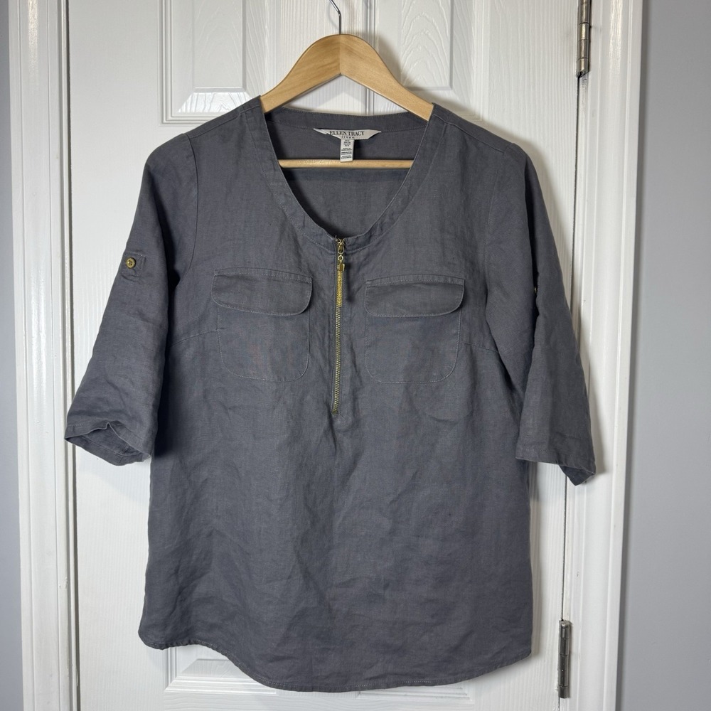Ellen Tracy Linen Tunic Top Women Small Roll Tab Gold Zipper Tassel Trim Popover